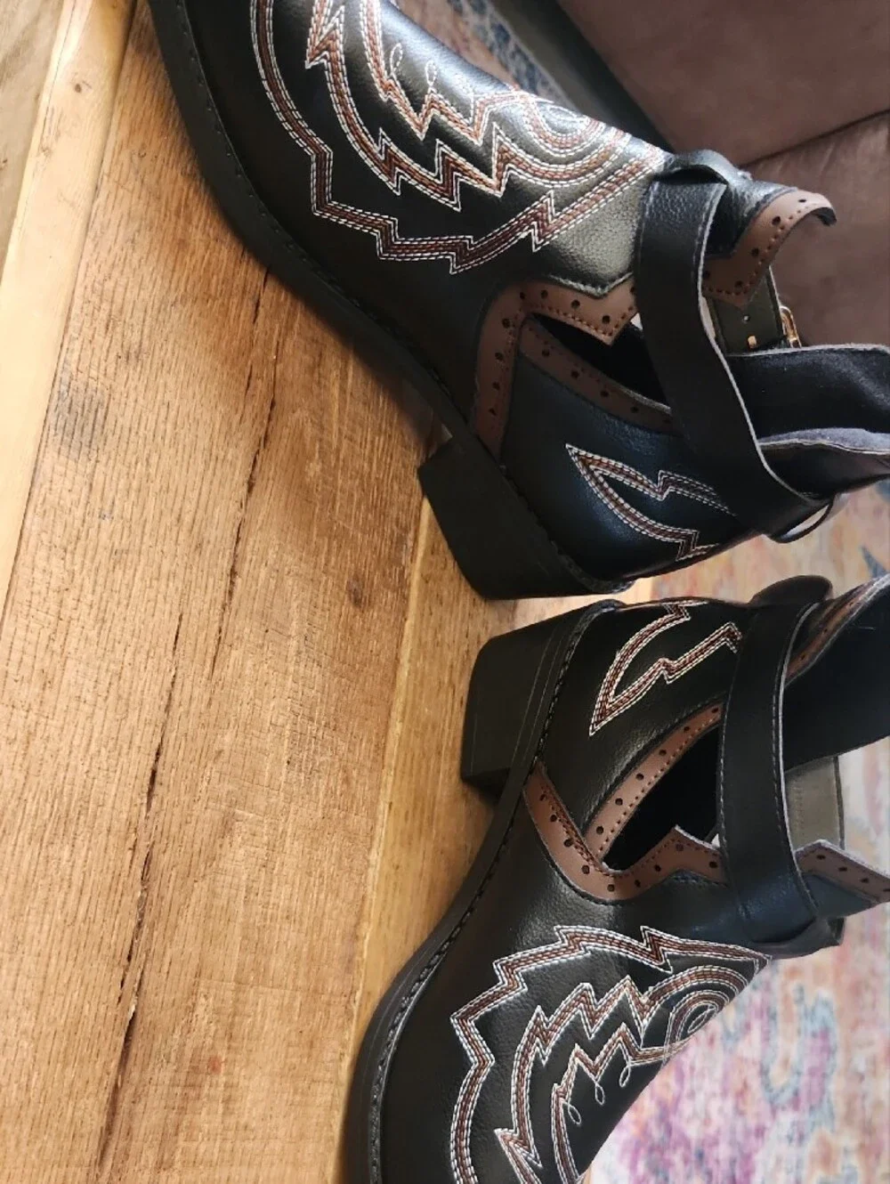 SHEIN Black Ankle Booties with Brown Trim & Embroidered Detail